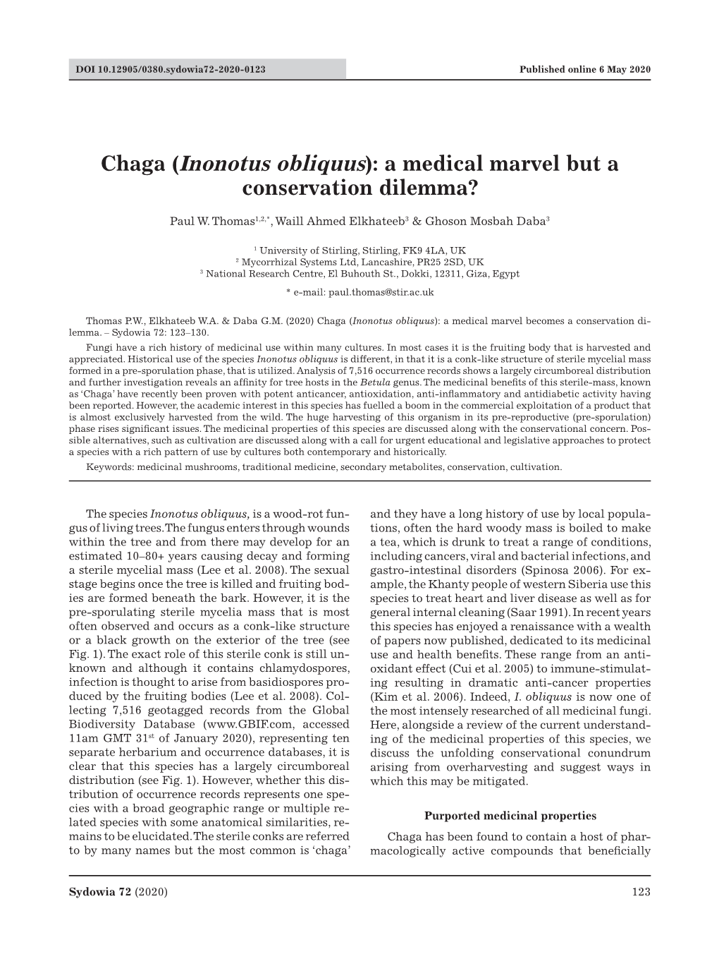 Inonotus Obliquus): a Medical Marvel but a Conservation Dilemma?