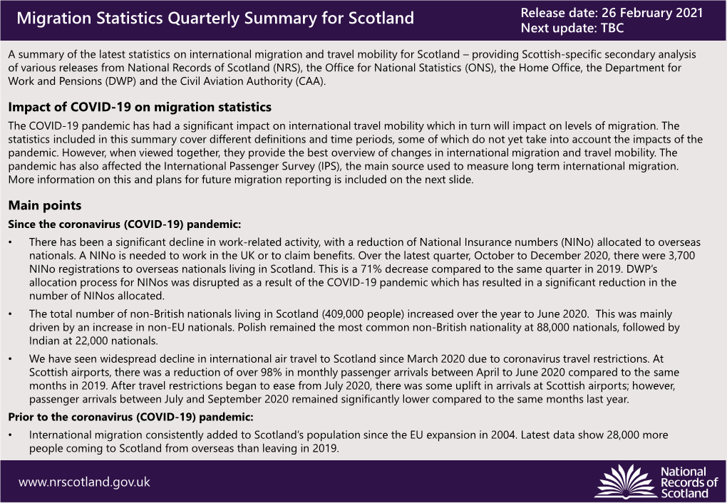 Migration Statistics Quarterly Summary for Scotland, February 2021