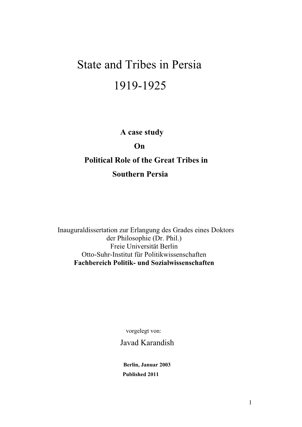 State and Tribes in Persia 1919-1925