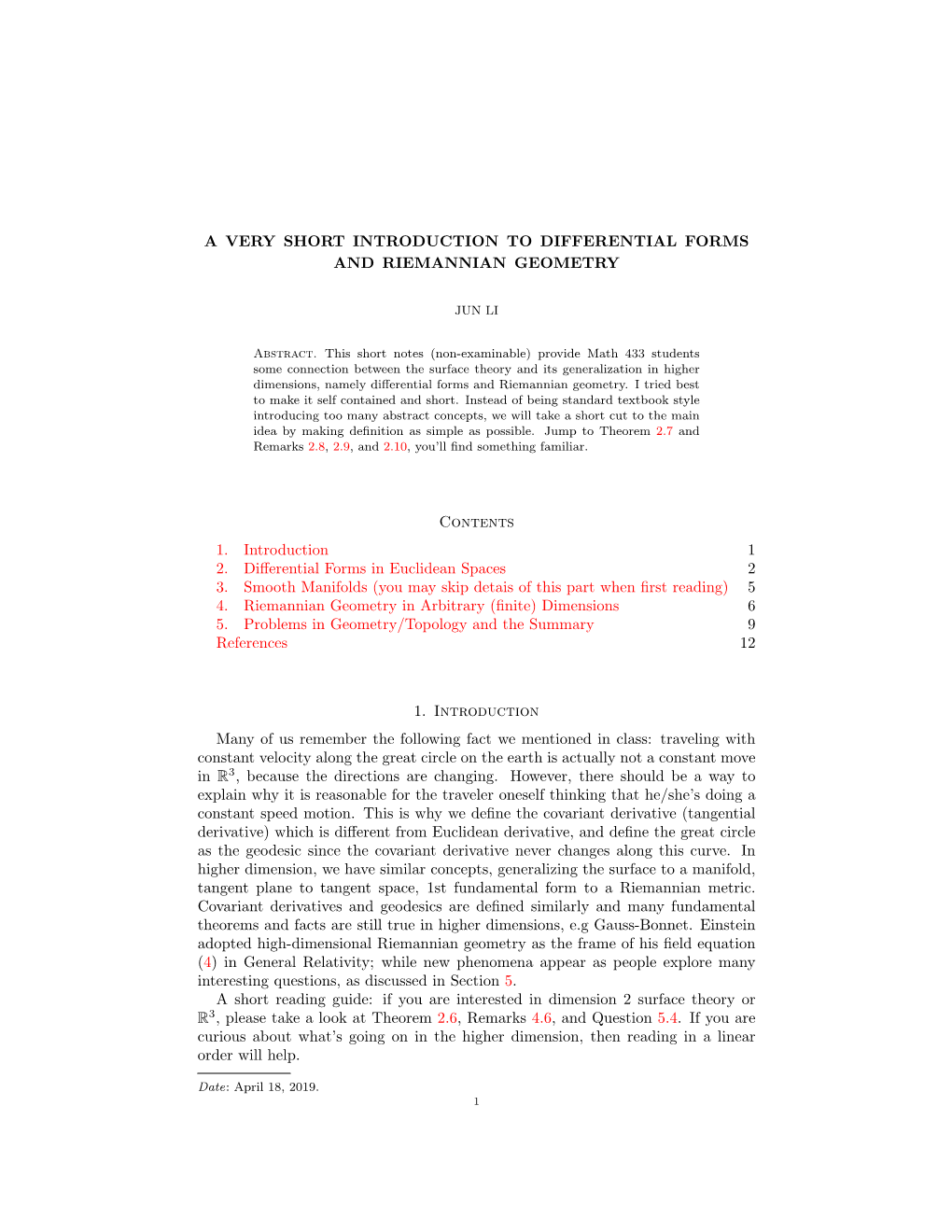 A Very Short Introduction to Differential Forms and Riemannian Geometry