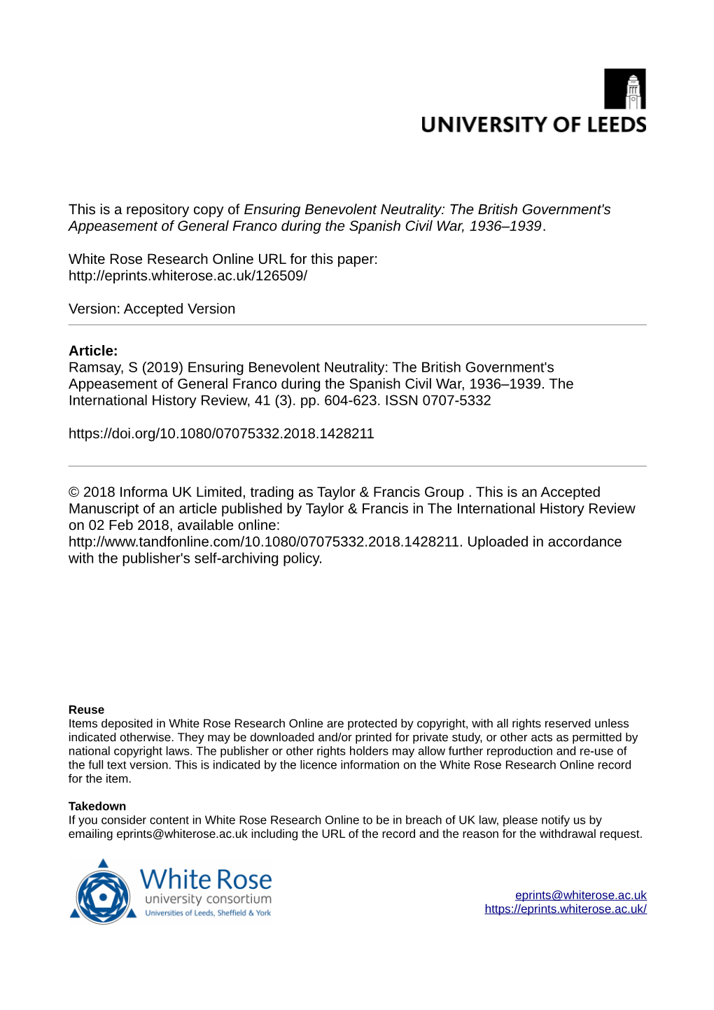 Ensuring Benevolent Neutrality: the British Government's Appeasement of General Franco During the Spanish Civil War, 1936–1939