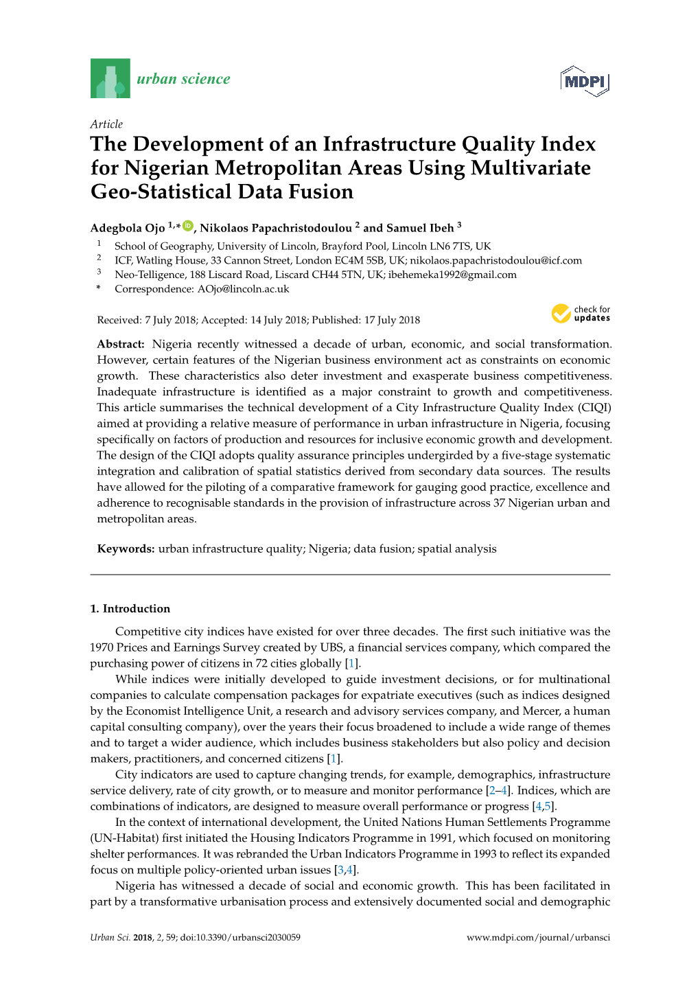 The Development of an Infrastructure Quality Index for Nigerian Metropolitan Areas Using Multivariate Geo-Statistical Data Fusion