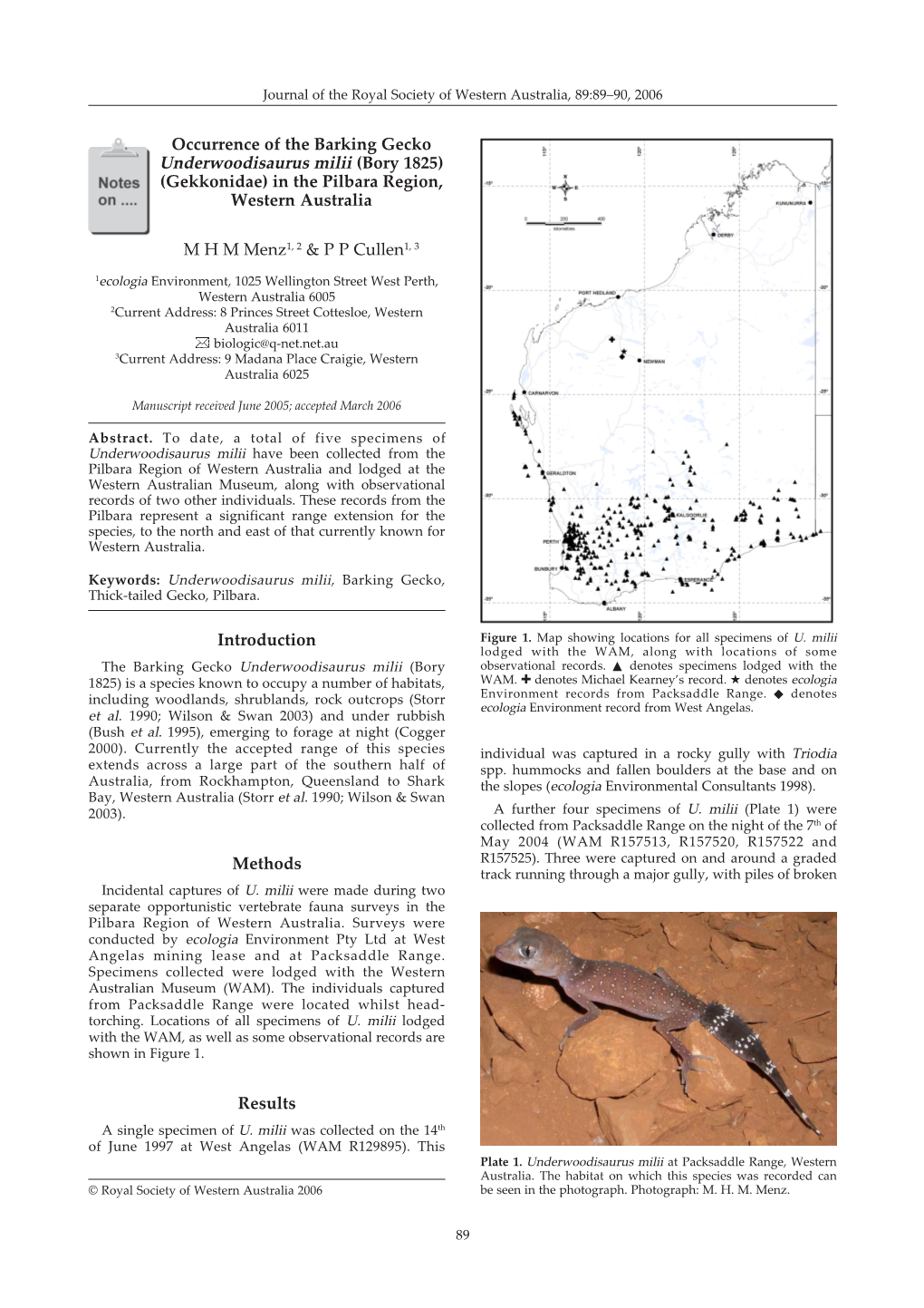 Occurrence of the Barking Gecko Underwoodisaurus Milii (Bory 1825) (Gekkonidae) in the Pilbara Region, Western Australia