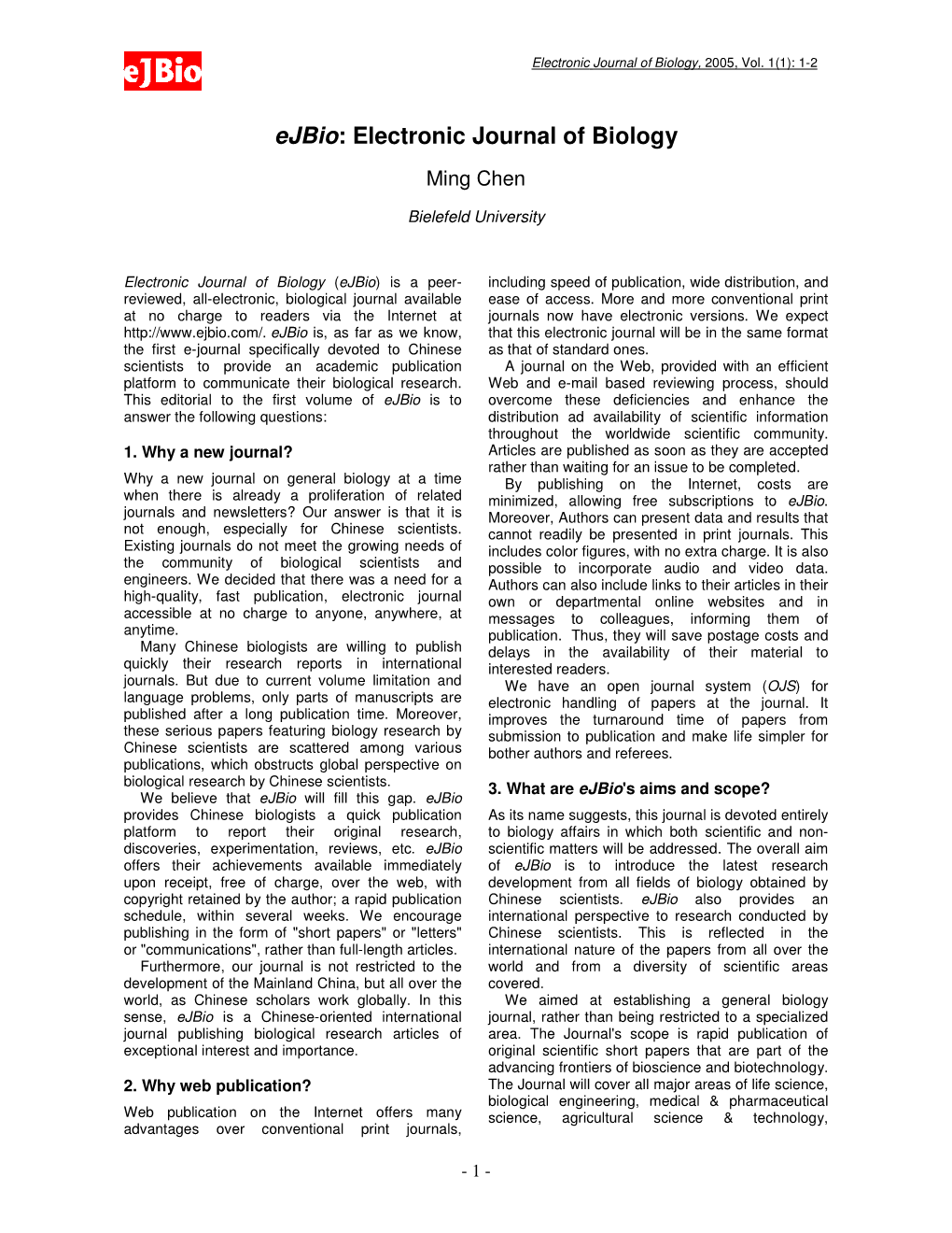 Ejbio: Electronic Journal of Biology Ming Chen