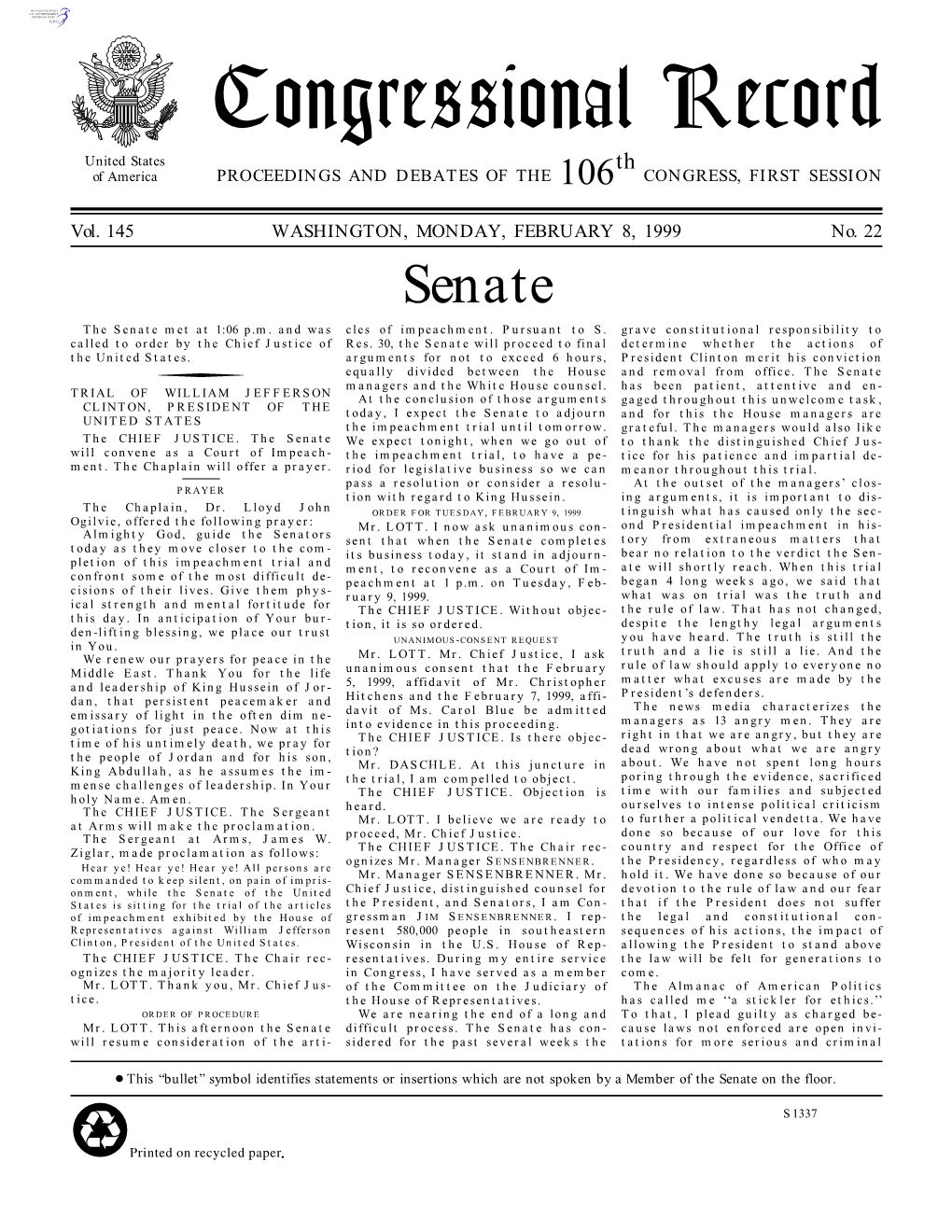 Congressional Record United States Th of America PROCEEDINGS and DEBATES of the 106 CONGRESS, FIRST SESSION