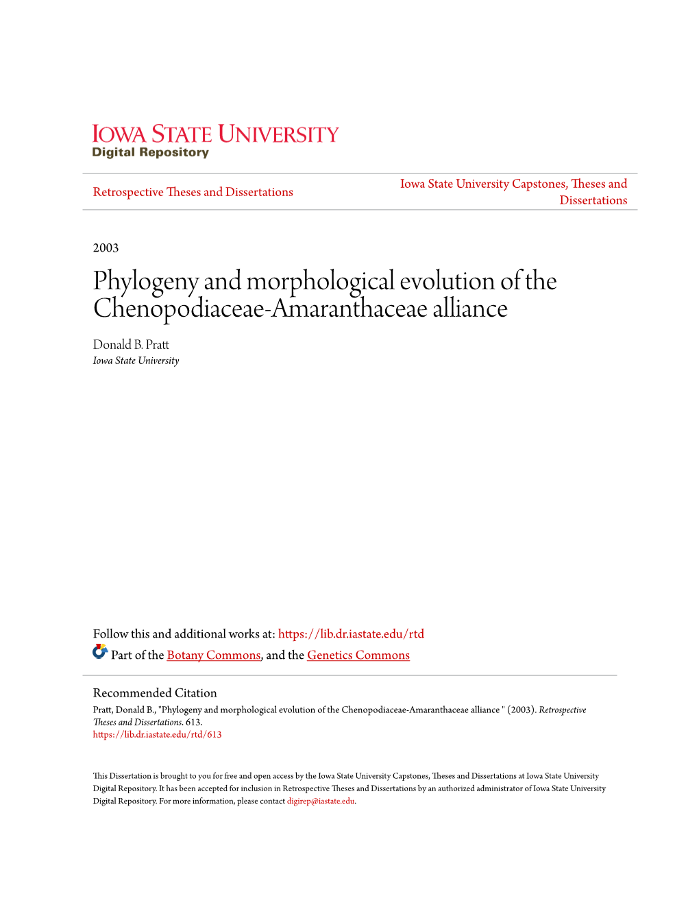 Phylogeny and Morphological Evolution of the Chenopodiaceae-Amaranthaceae Alliance Donald B