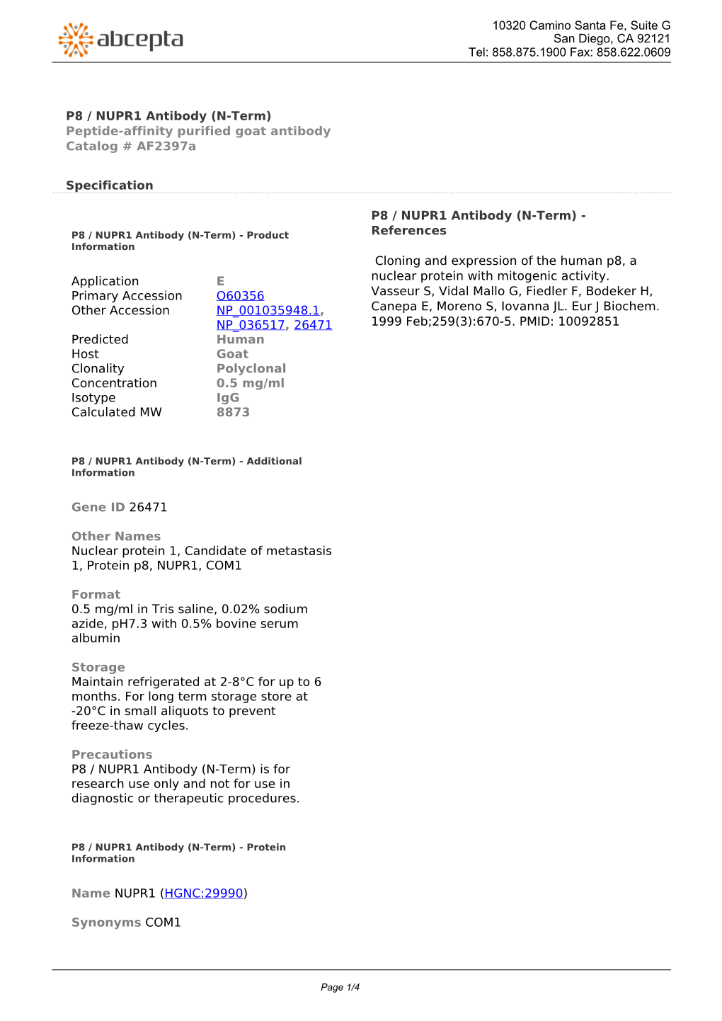 P8 / NUPR1 Antibody (N-Term) Peptide-Affinity Purified Goat Antibody Catalog # Af2397a