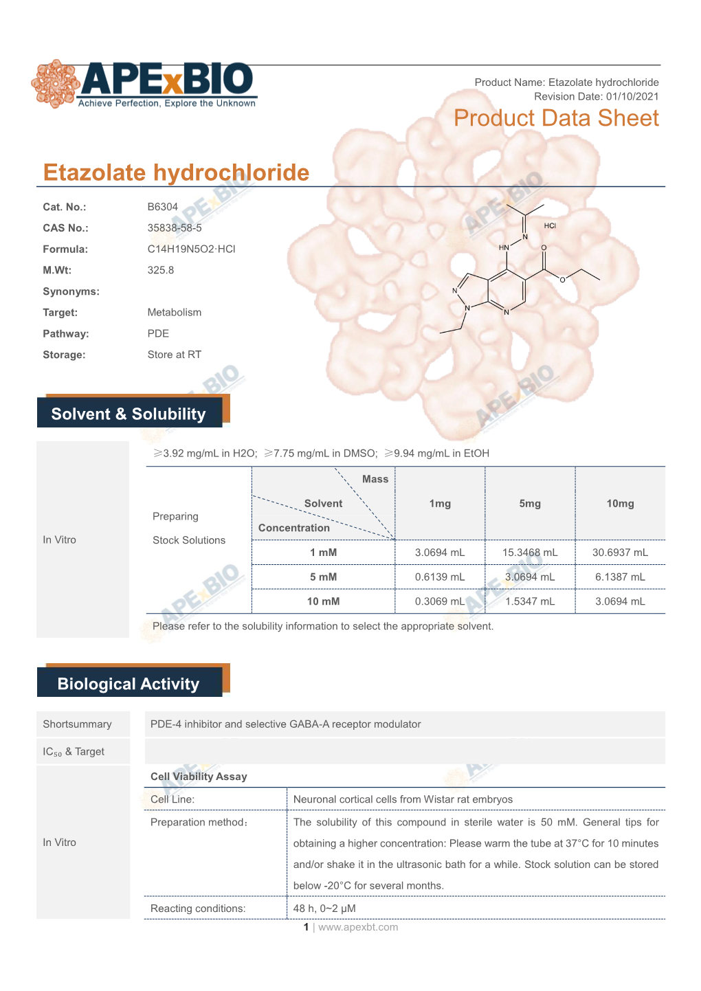 Etazolate Hydrochloride Product Data Sheet