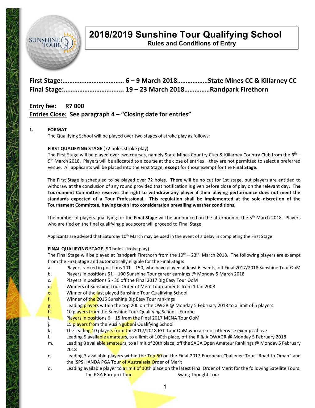 2018/2019 Sunshine Tour Qualifying School Rules and Conditions of Entry