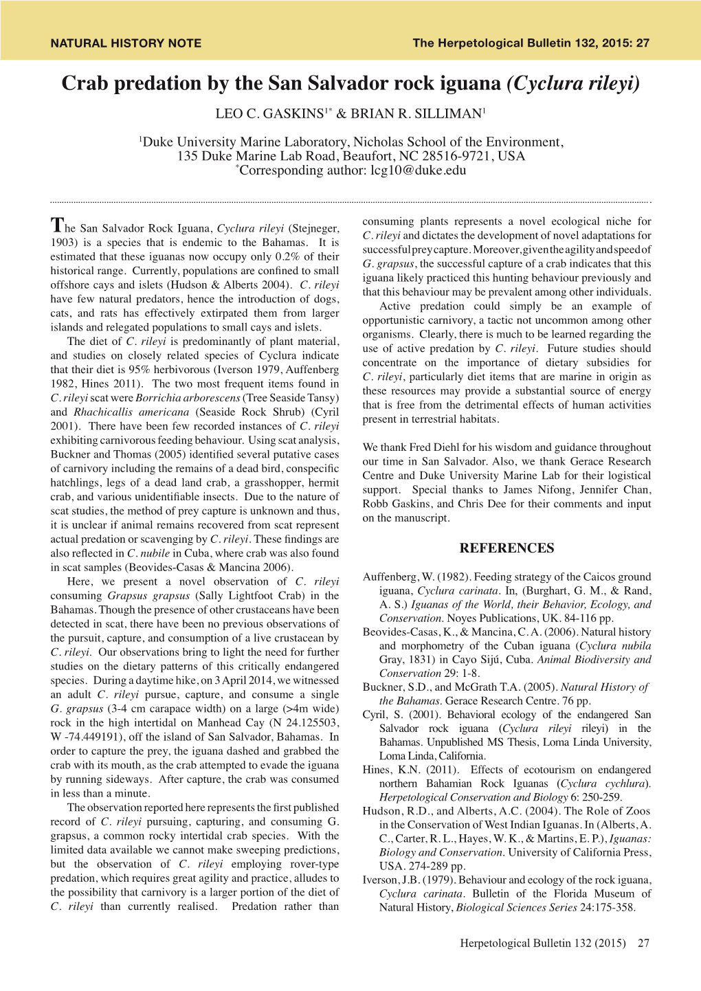 Crab Predation by the San Salvador Rock Iguana (Cyclura Rileyi) LEO C