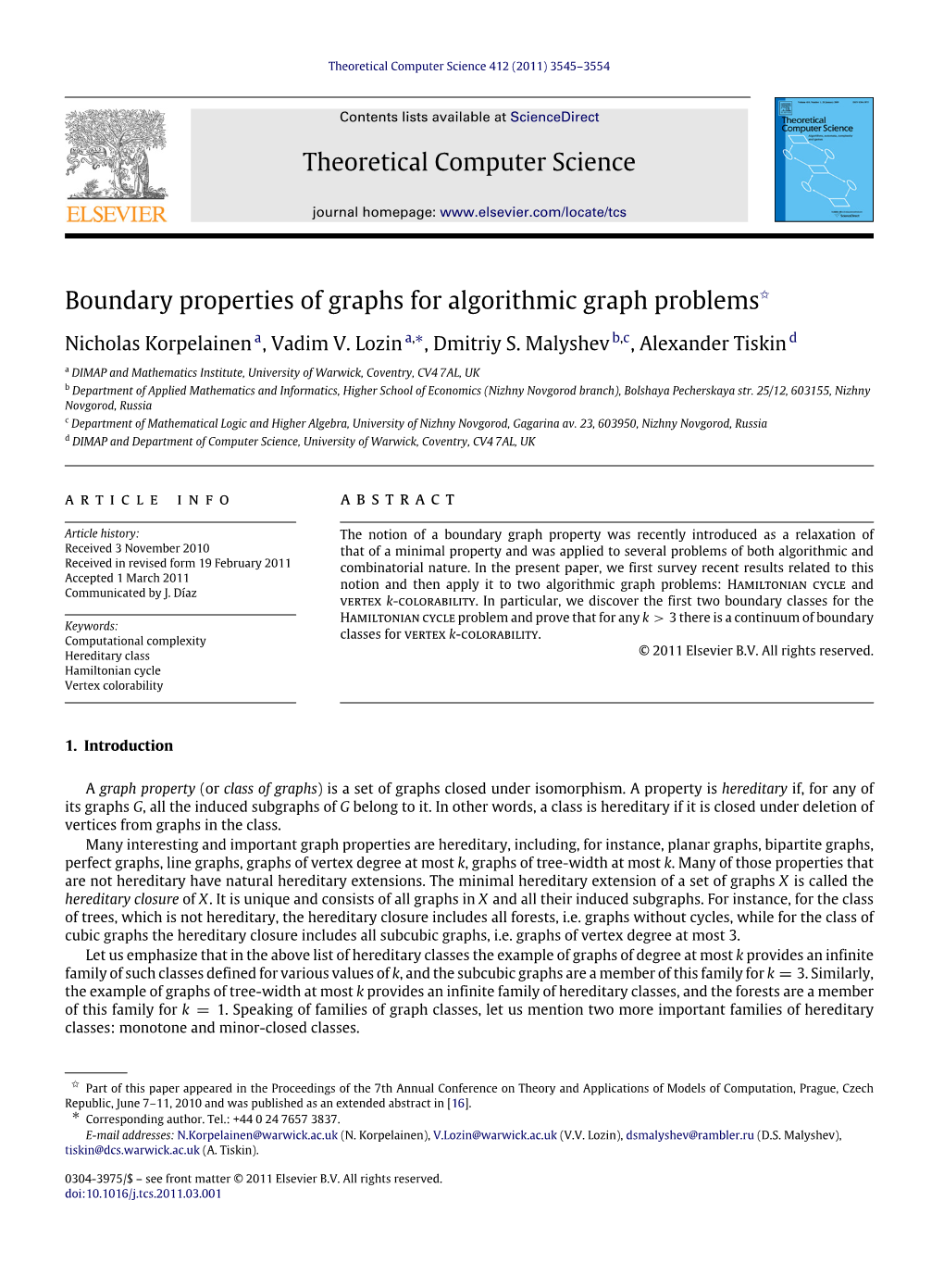 Boundary Properties of Graphs for Algorithmic Graph Problems✩