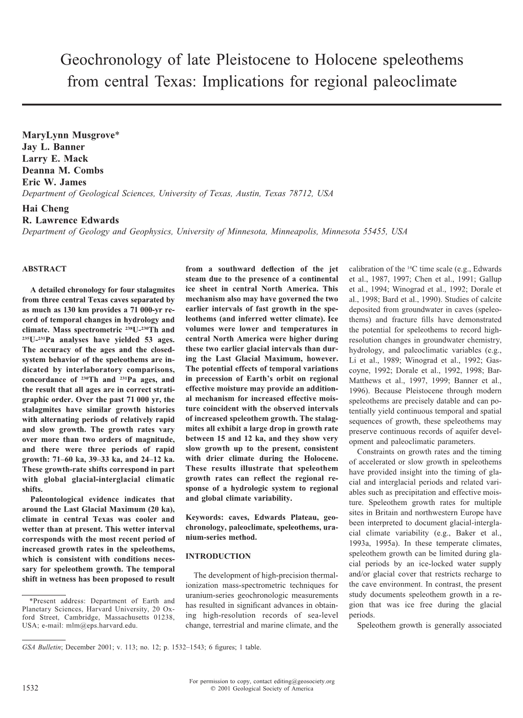 Geochronology of Late Pleistocene to Holocene Speleothems from Central Texas: Implications for Regional Paleoclimate