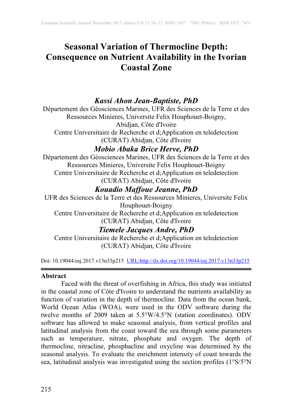 Seasonal Variation of Thermocline Depth: Consequence on Nutrient Availability in the Ivorian Coastal Zone