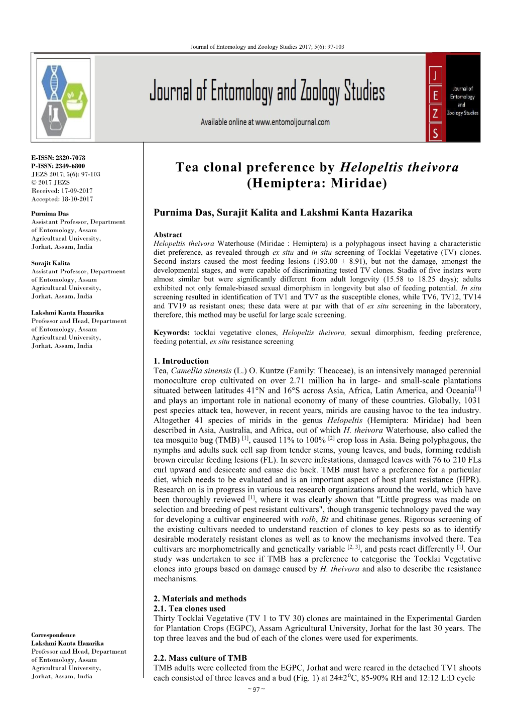 Tea Clonal Preference by Helopeltis Theivora (Hemiptera: Miridae)