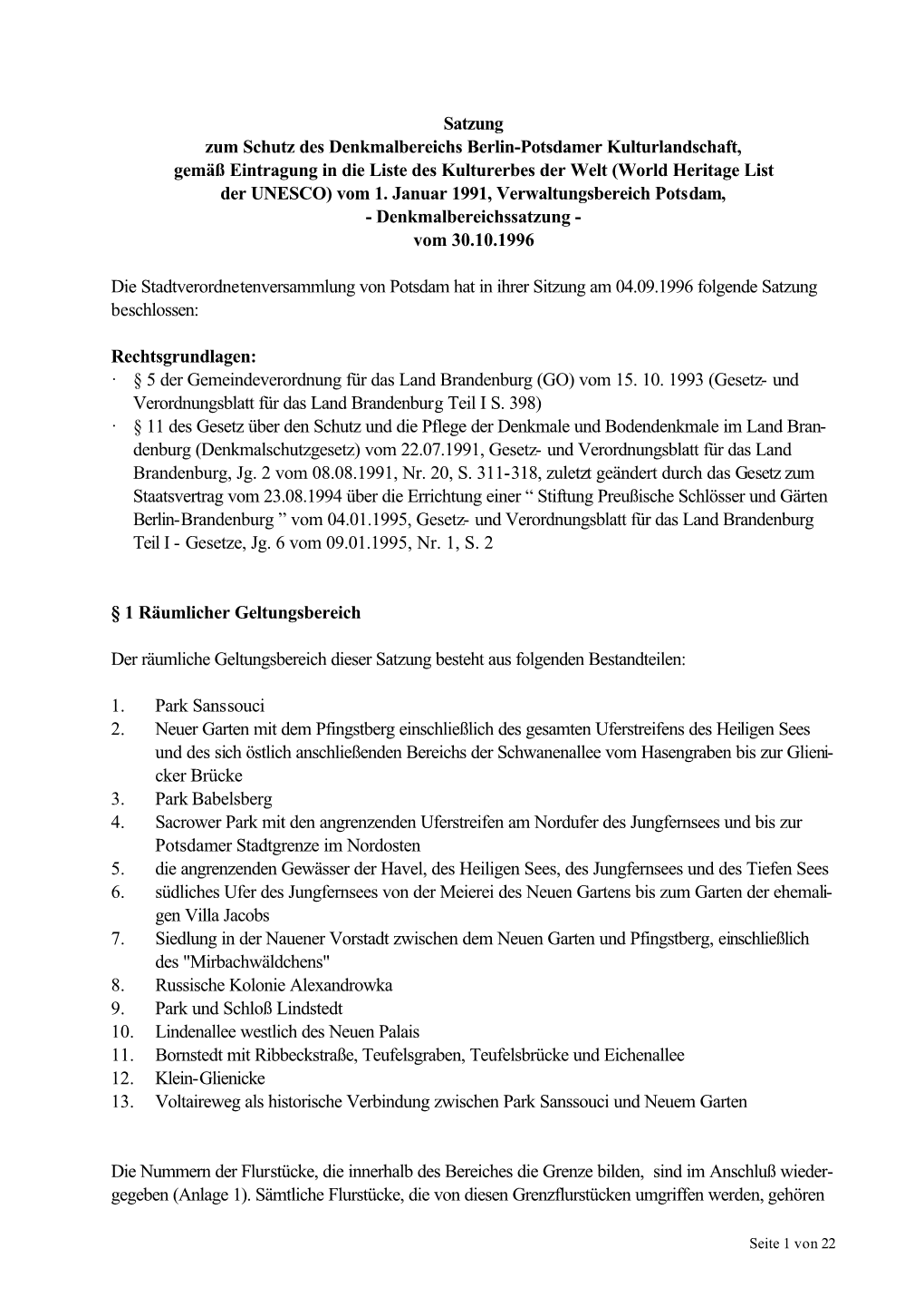 Satzung Zum Schutz Des Denkmalbereichs Berlin-Potsdamer Kulturlandschaft, Gemäß Eintragung in Die Liste Des Kulturerbes Der We