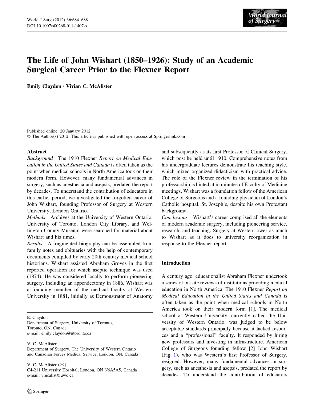 The Life of John Wishart (1850–1926): Study of an Academic Surgical Career Prior to the Flexner Report