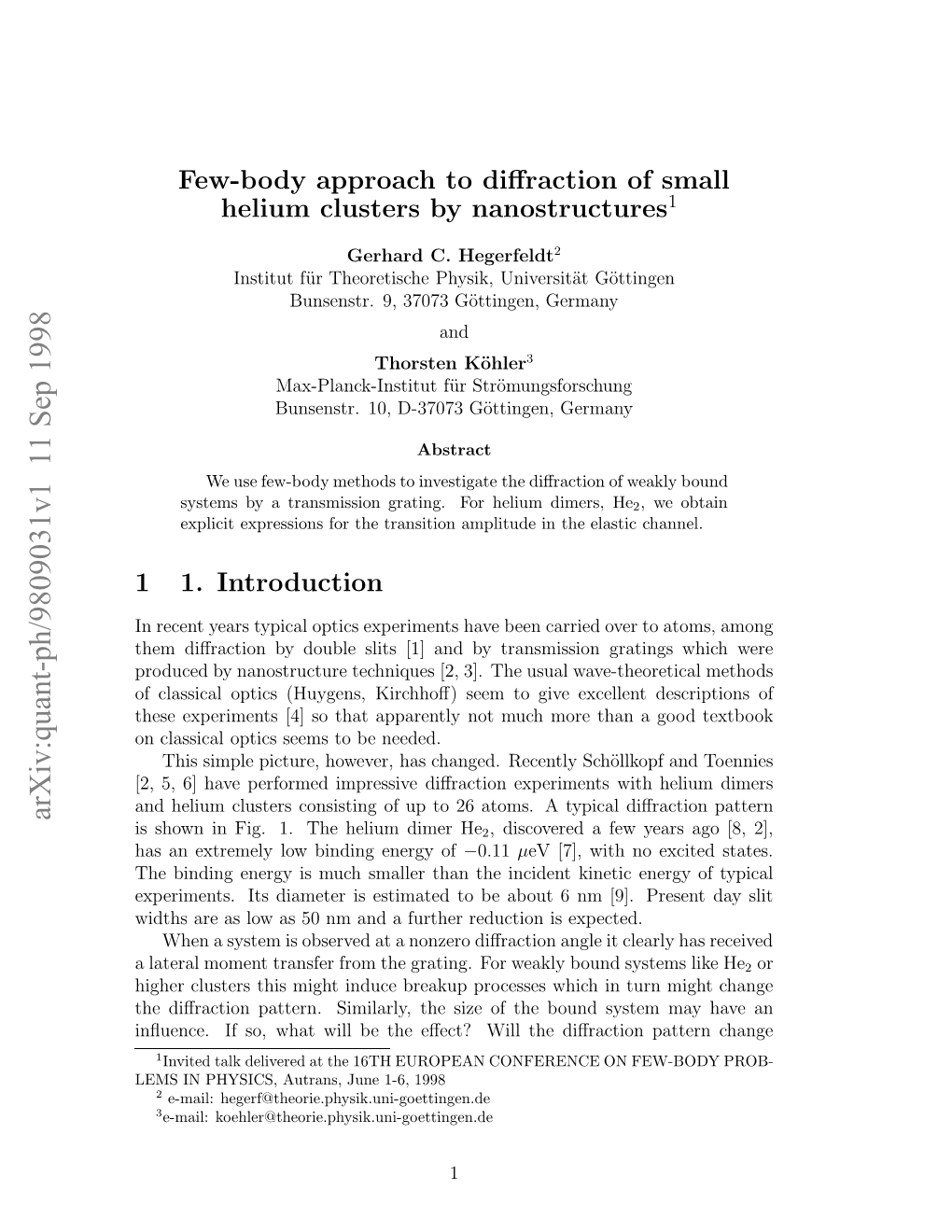 Few-Body Approach to Diffraction of Small Helium Clusters by Nanostructures