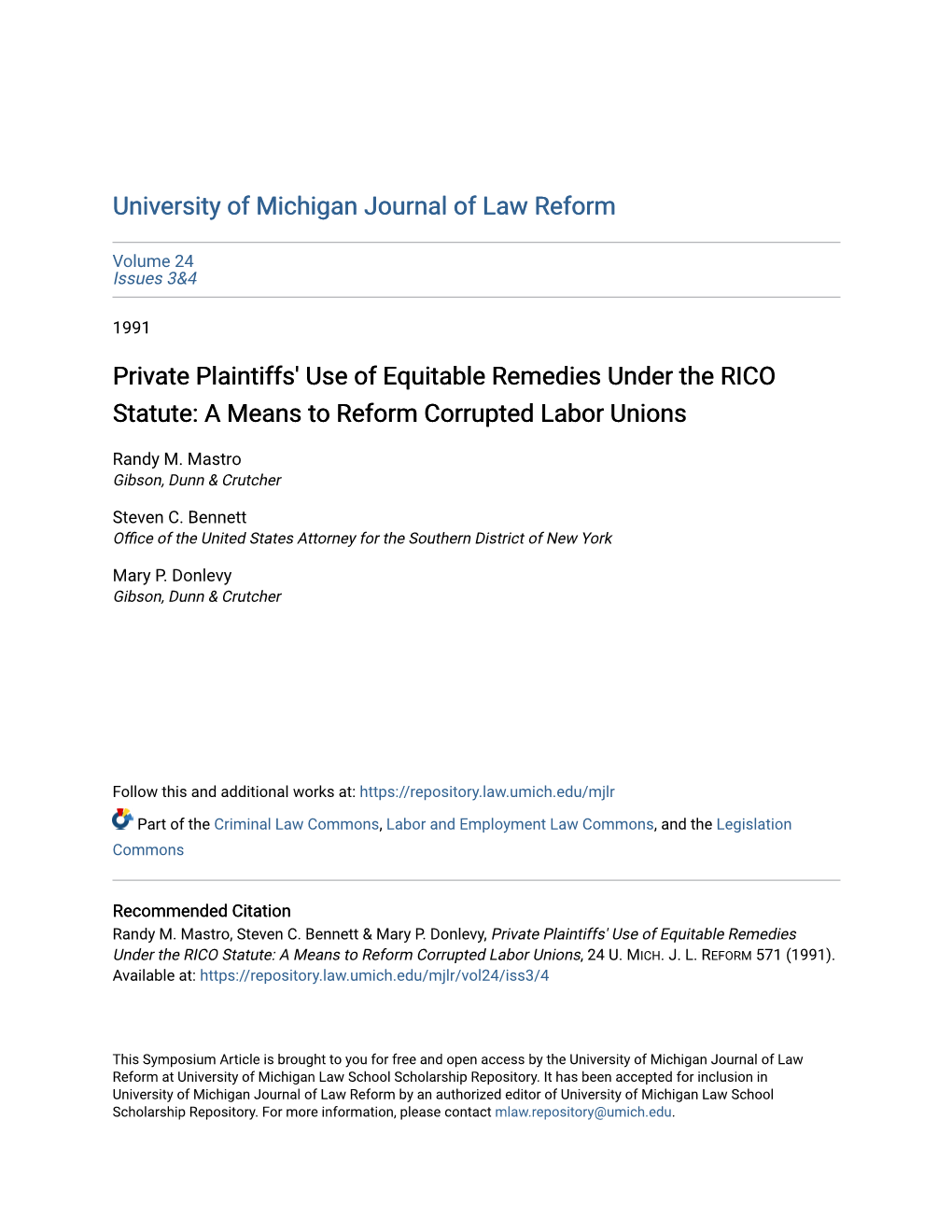 Private Plaintiffs' Use of Equitable Remedies Under the RICO Statute: a Means to Reform Corrupted Labor Unions