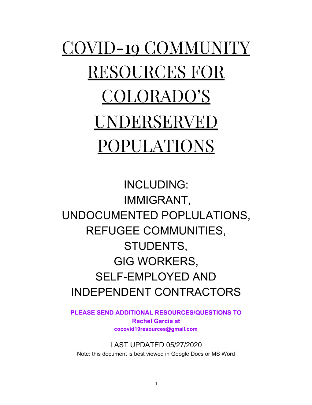 Covid-19 Community Resources for Colorado's