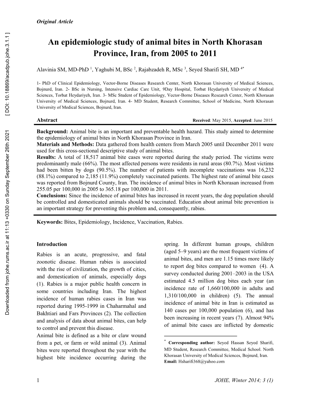 An Epidemiologic Study of Animal Bites in North Khorasan Province, Iran, from 2005 to 2011