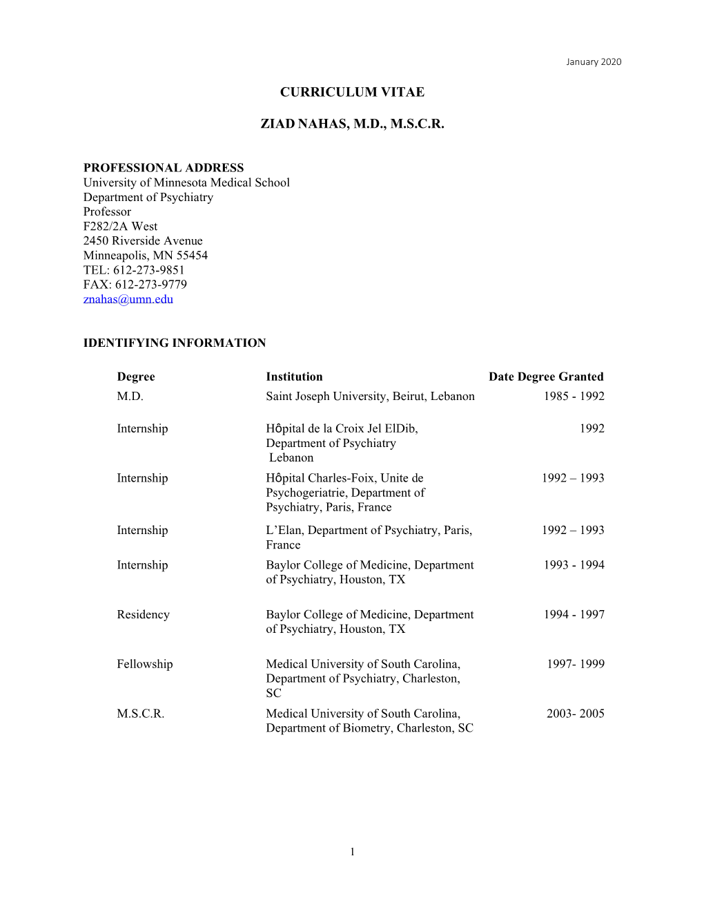 Curriculum Vitae Ziad Nahas, M.D., M.S.C.R