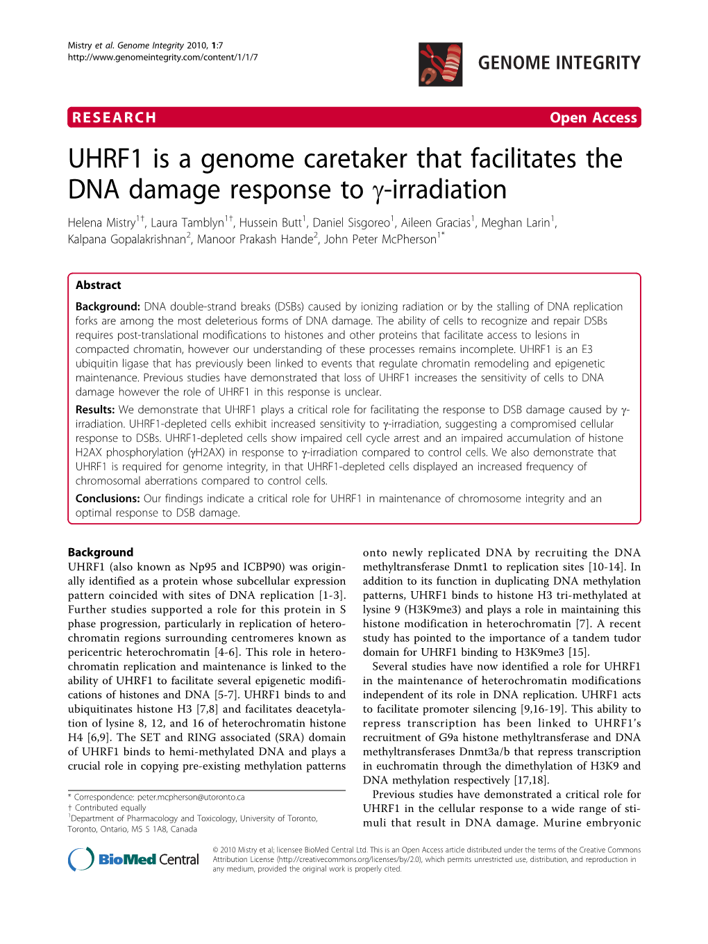 UHRF1 Is a Genome Caretaker That Facilitates the DNA Damage