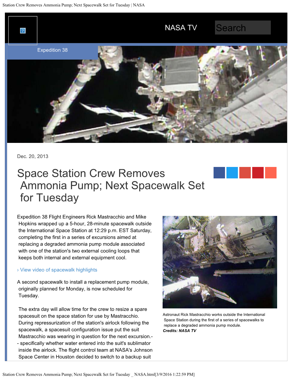 Station Crew Removes Ammonia Pump; Next Spacewalk Set for Tuesday | NASA