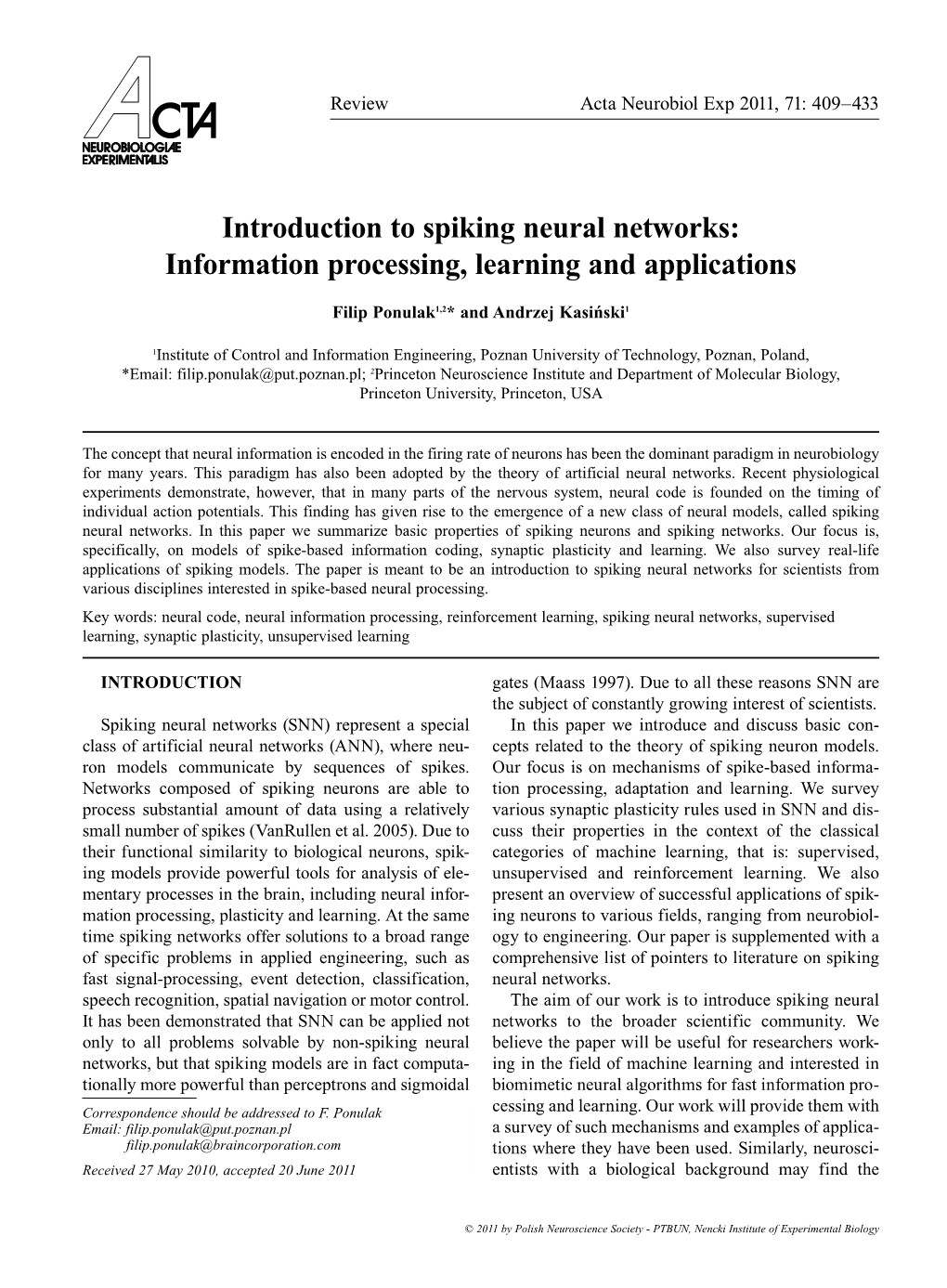 Introduction to Spiking Neural Networks: Information Processing, Learning and Applications