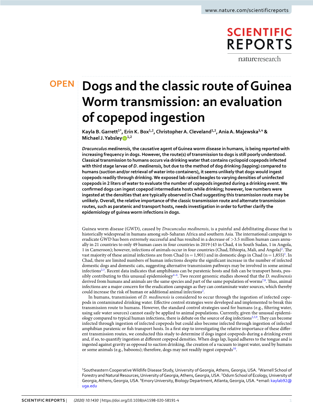 Dogs and the Classic Route of Guinea Worm Transmission: an Evaluation of Copepod Ingestion Kayla B