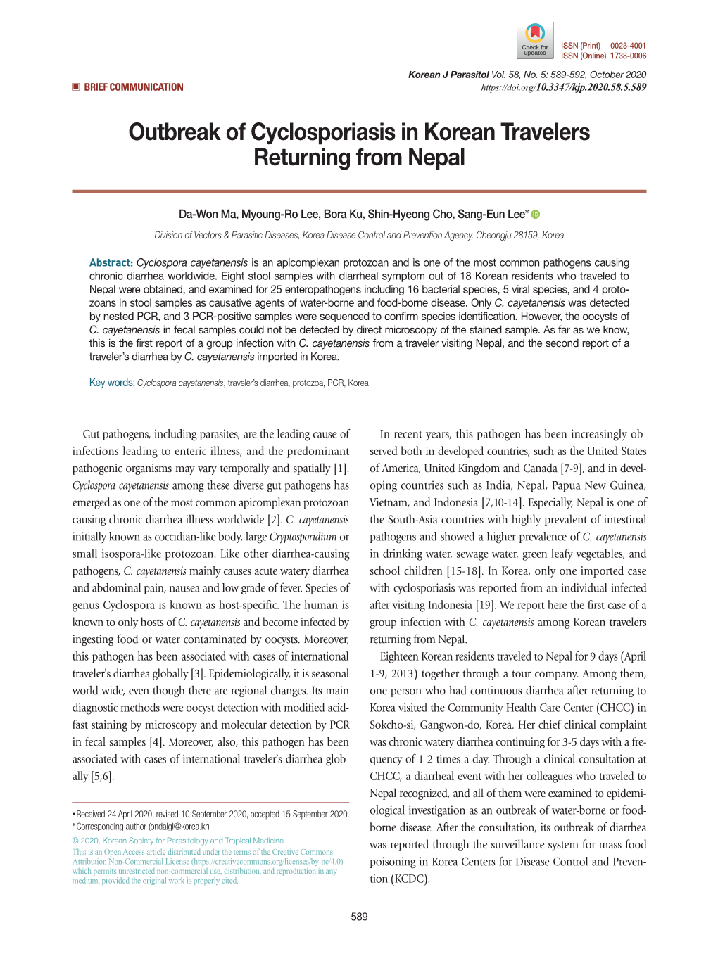 Outbreak of Cyclosporiasis in Korean Travelers Returning from Nepal