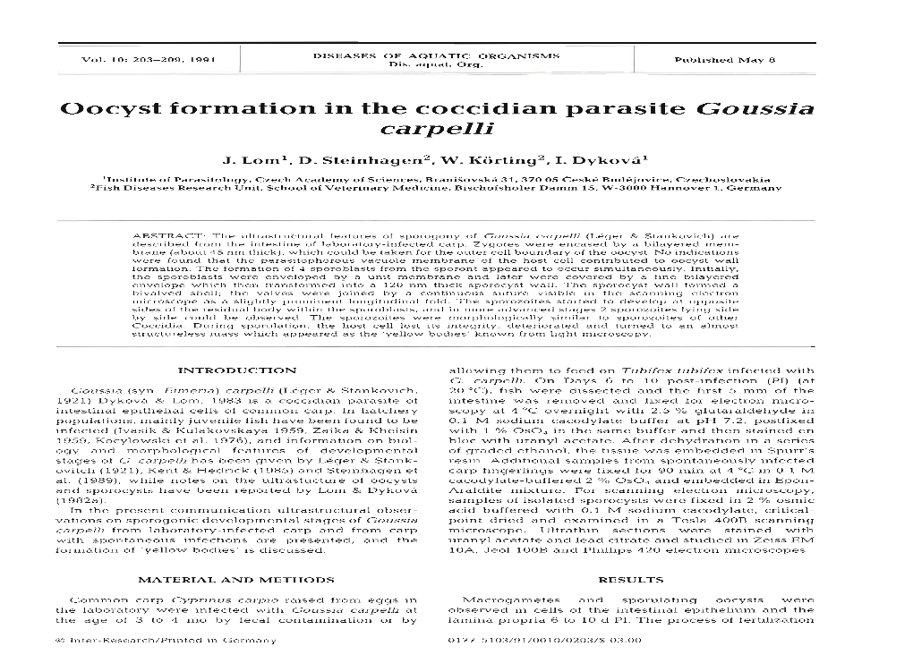 Oocyst Formation in the Coccidian Parasite Goussia Carpelli