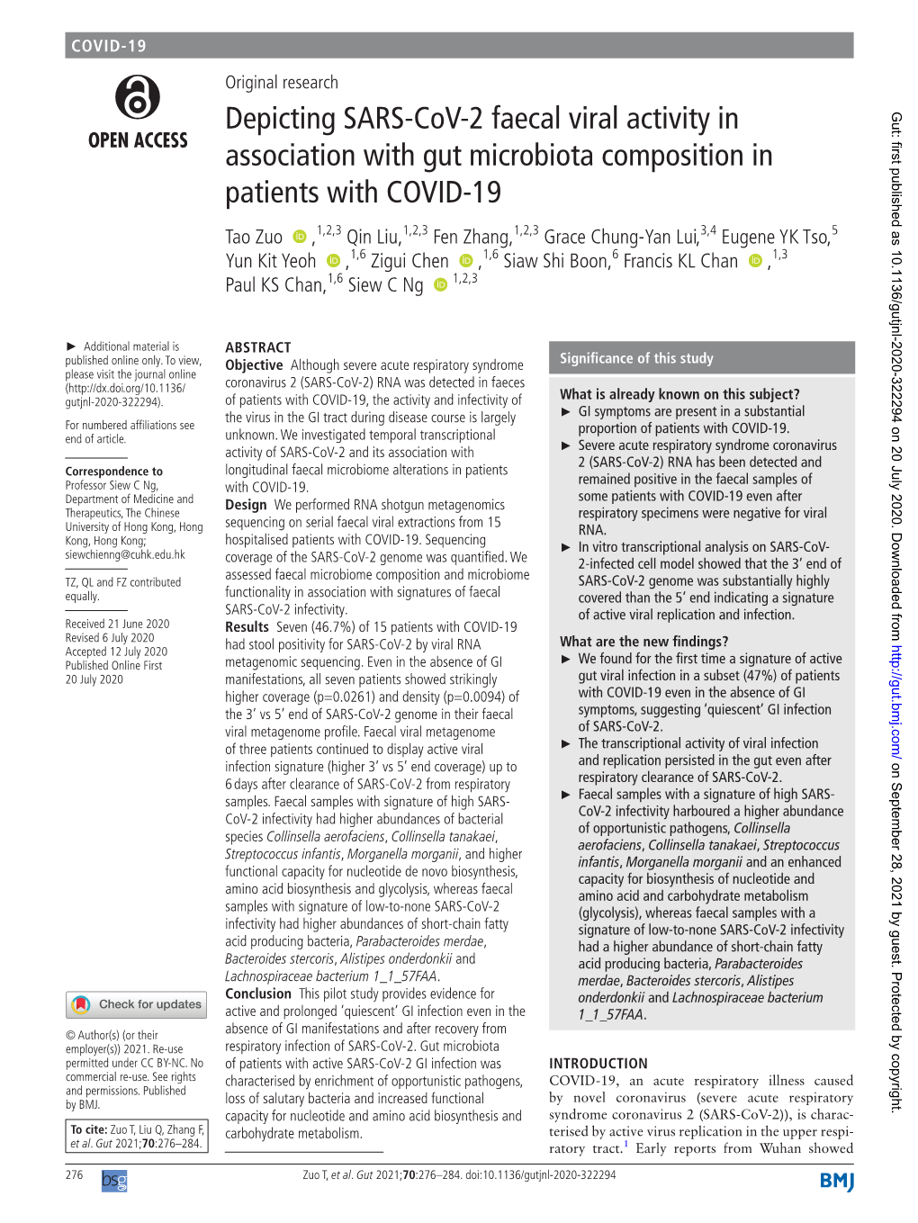 Depicting SARS-Cov-2 Faecal Viral Activity in Association with Gut