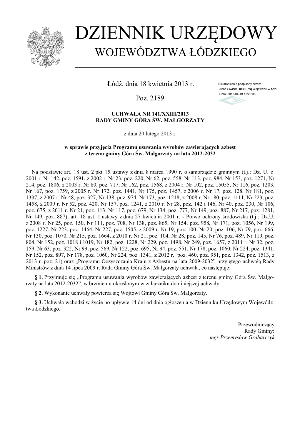 Uchwała Nr 141/XXIII/2013 Z Dnia 20 Lutego 2013 R