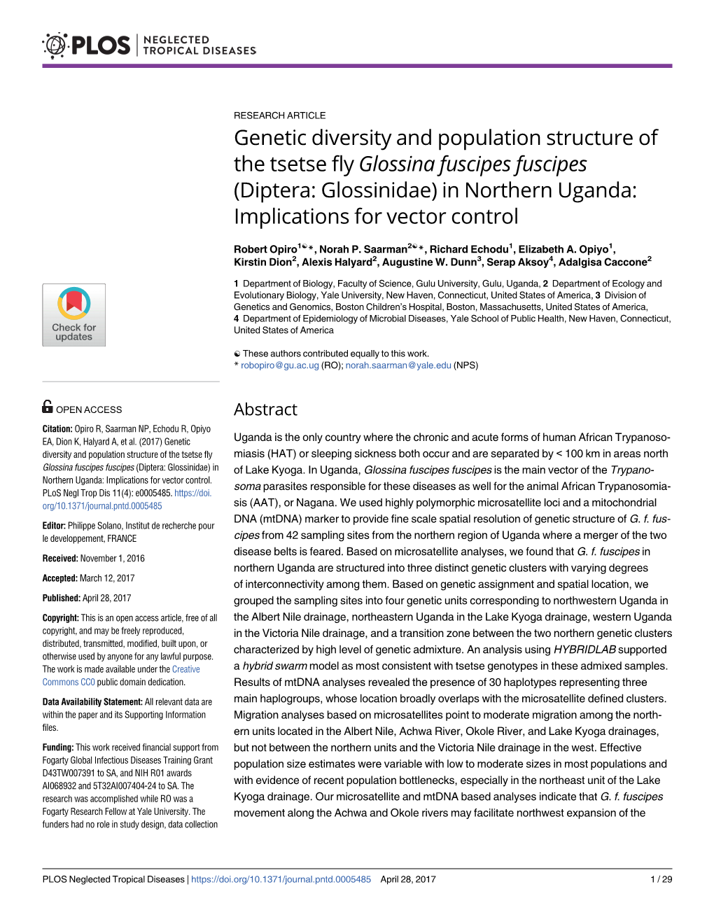 Diptera: Glossinidae) in Northern Uganda: Implications for Vector Control