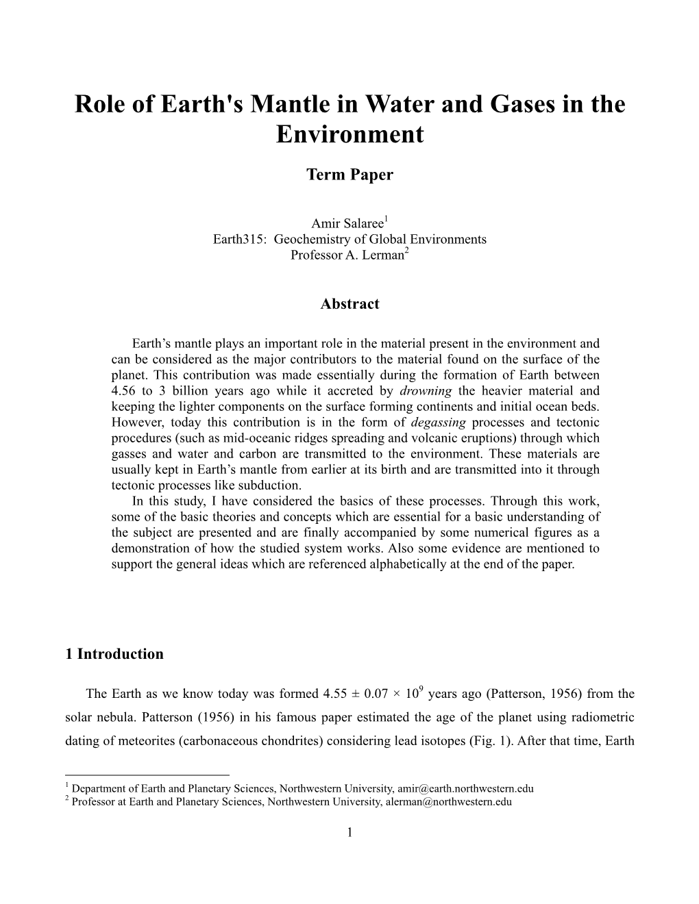 Role of Earth's Mantle in Water and Gases in the Environment