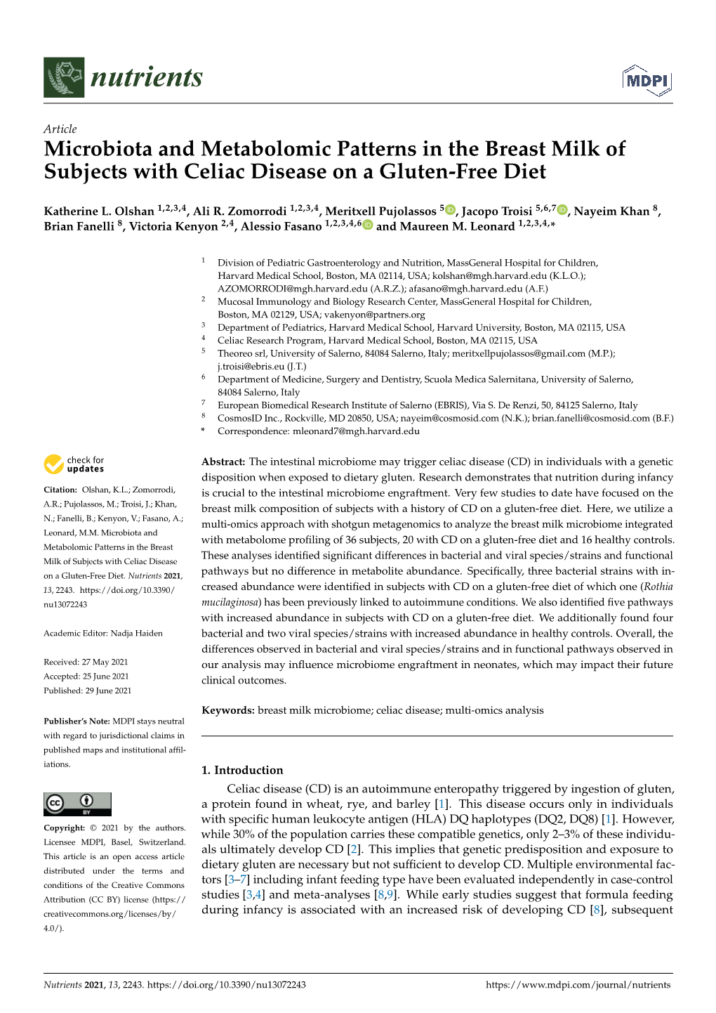 Microbiota and Metabolomic Patterns in the Breast Milk of Subjects with Celiac Disease on a Gluten-Free Diet