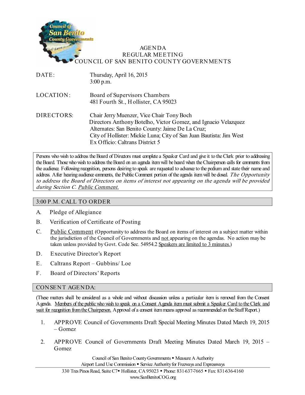 Agenda Regular Meeting Council of San Benito County Governments