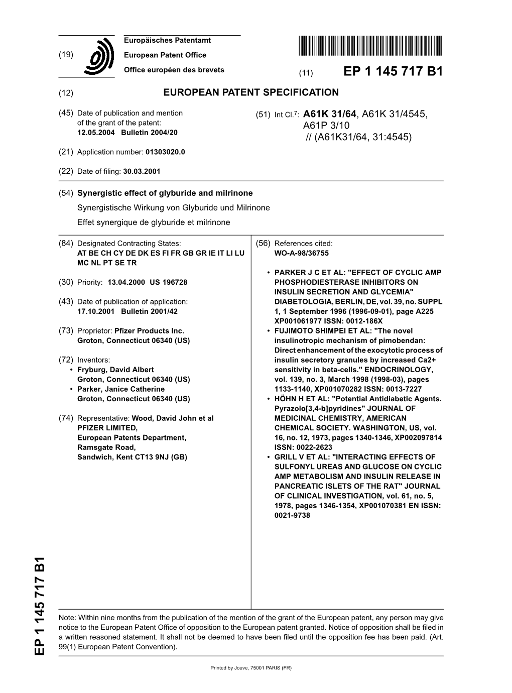 Synergistic Effect of Glyburide and Milrinone Synergistische Wirkung Von Glyburide Und Milrinone Effet Synergique De Glyburide Et Milrinone