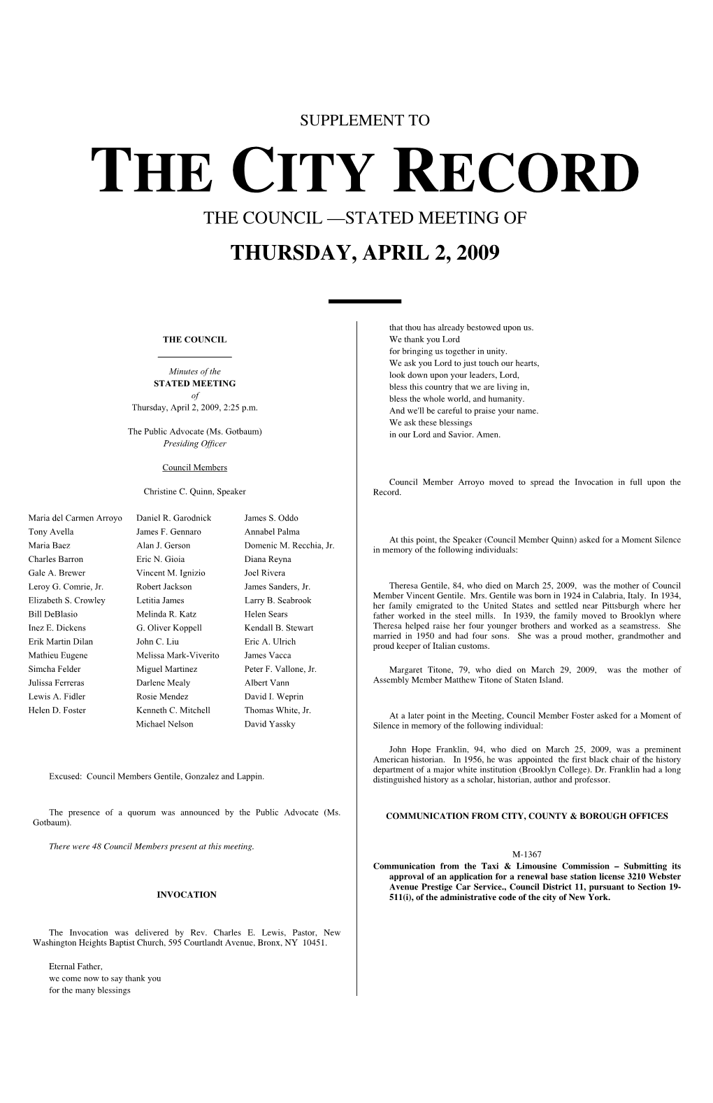 The City Record the Council —Stated Meeting of Thursday, April 2, 2009