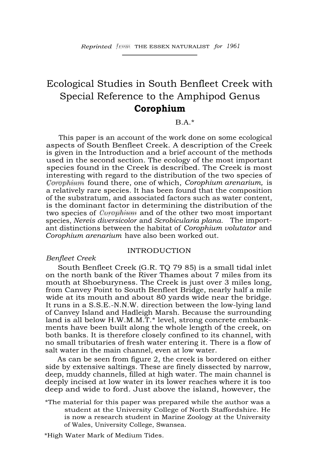 Ecological Studies in South Benfleet Creek with Special Reference to the Amphipod Genus Corophium B.A.*