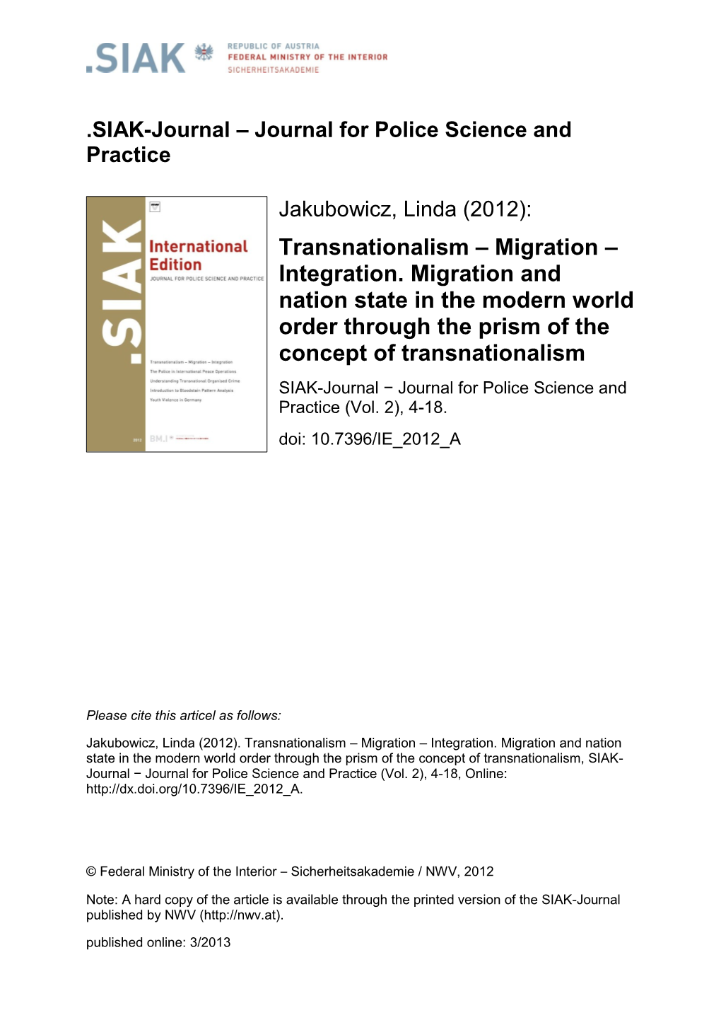 Transnationalism – Migration – Integration. Migration and Nation State in the Modern World Order Through the Prism of the Co