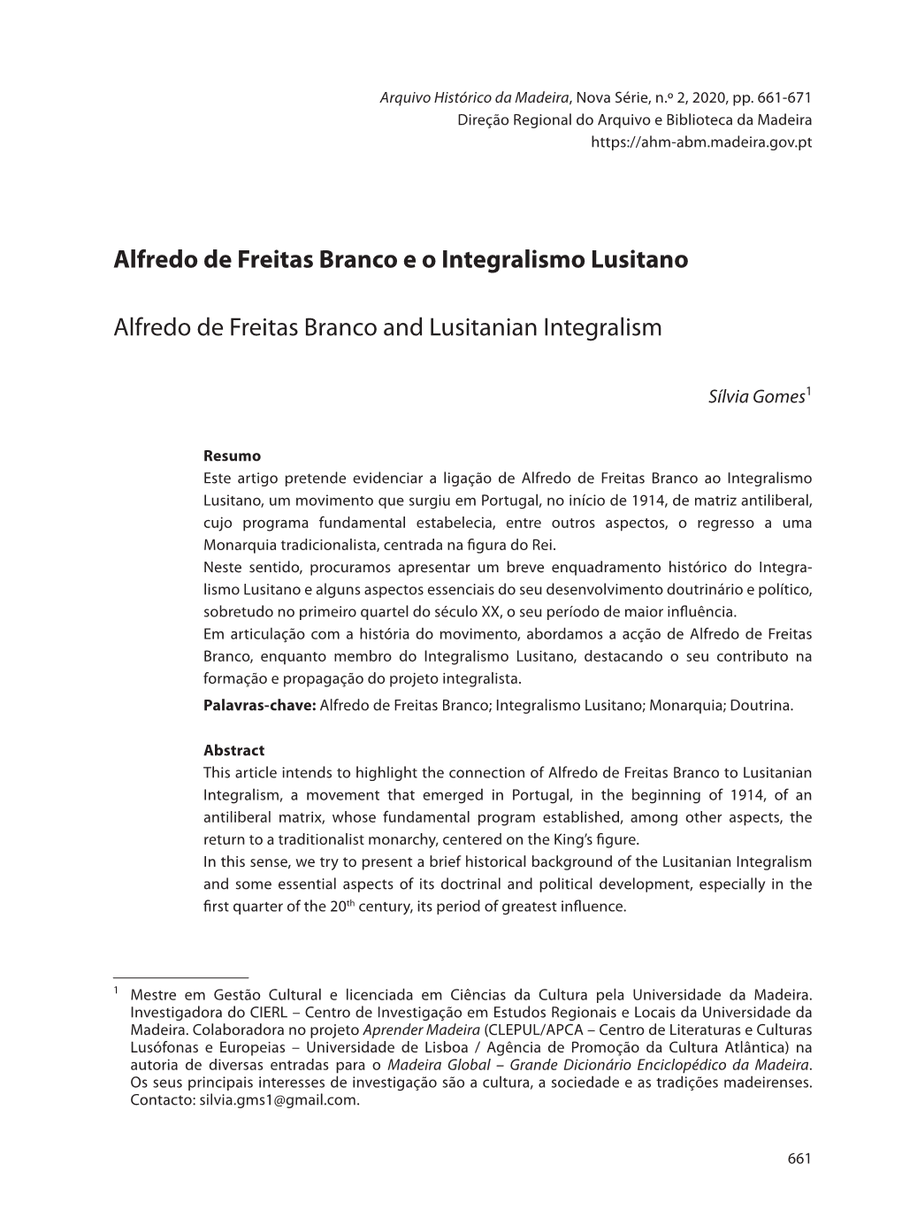 Alfredo De Freitas Branco E O Integralismo Lusitano Alfredo De