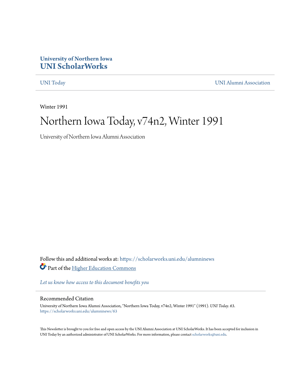 Northern Iowa Today, V74n2, Winter 1991 University of Northern Iowa Alumni Association