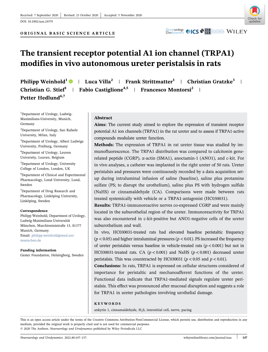 The Transient Receptor Potential A1 Ion Channel (TRPA1) Modifies in Vivo Autonomous Ureter Peristalsis in Rats