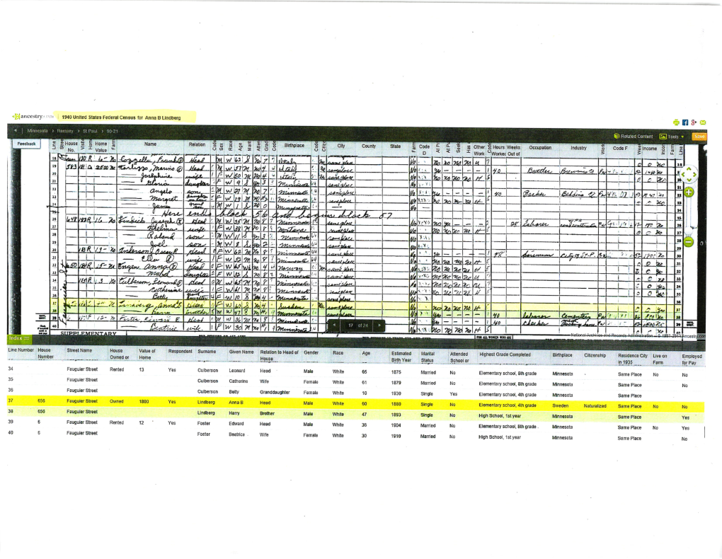 1940 United States Federal Census for Anna B Lindberg