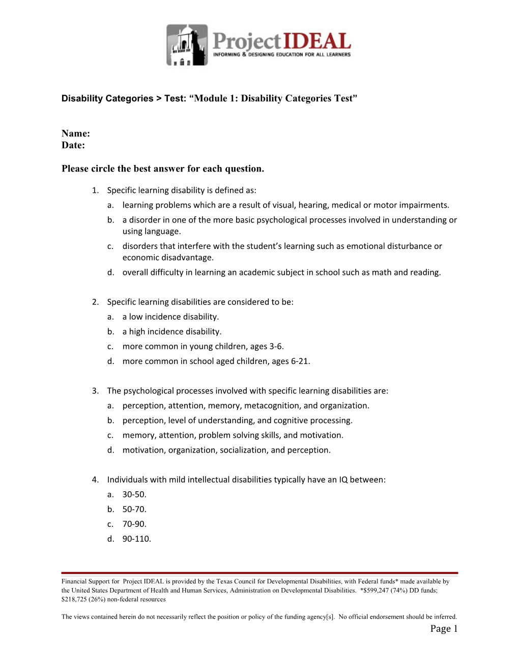 Disability Categories > Test: Module 1: Disability Categories Test