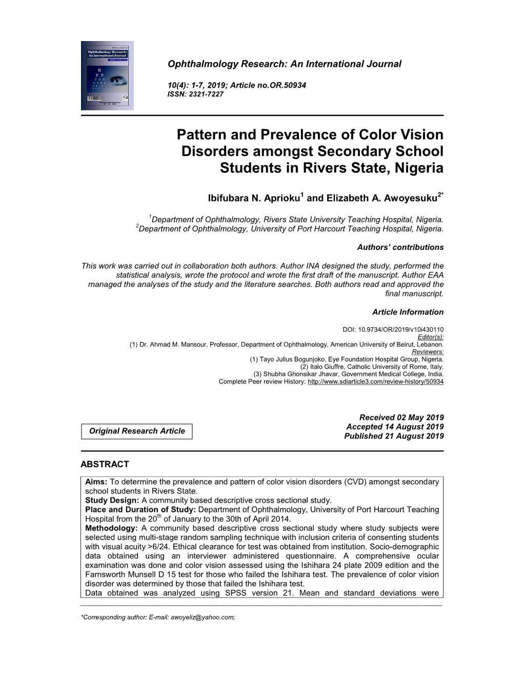 Pattern and Prevalence of Color Vision Disorders Amongst Secondary School Students in Rivers State, Nigeria