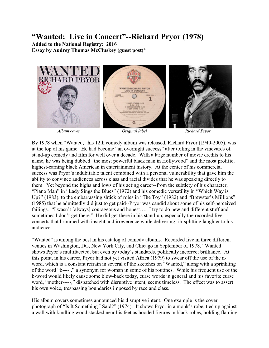 “Wanted: Live in Concert”--Richard Pryor (1978) Added to the National Registry: 2016 Essay by Audrey Thomas Mccluskey (Guest Post)*