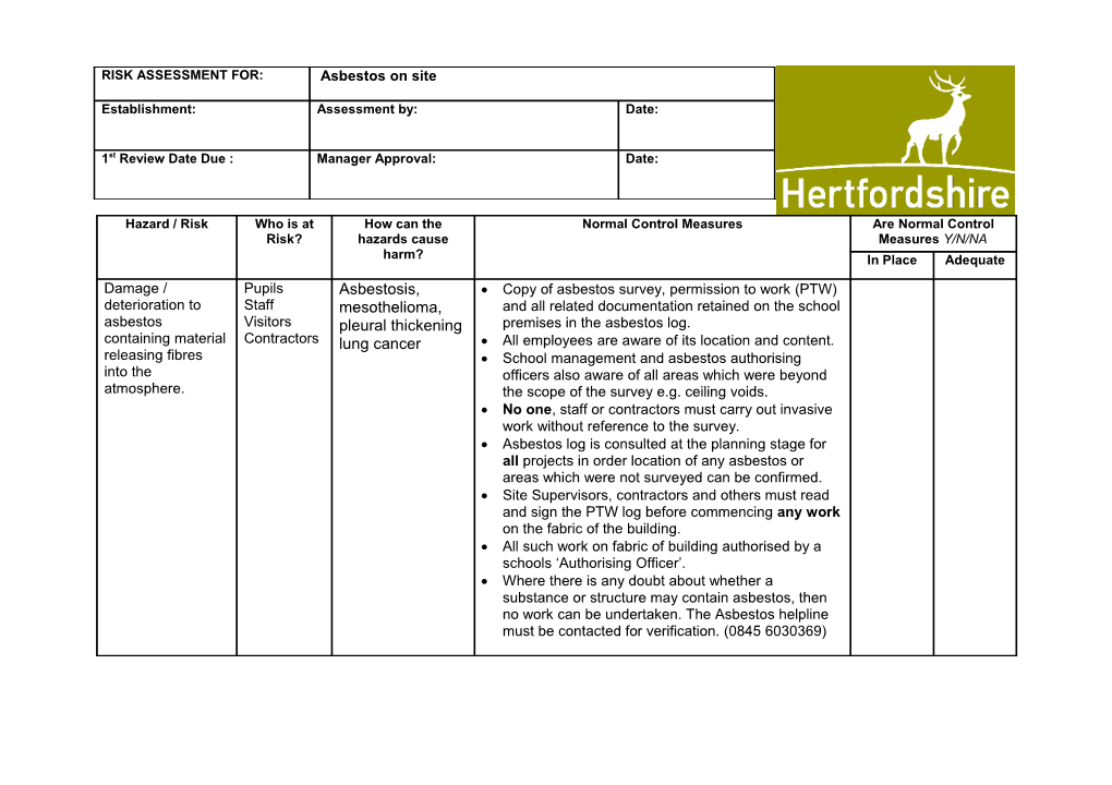 Asbestos on Site RISK ASSESSMENT