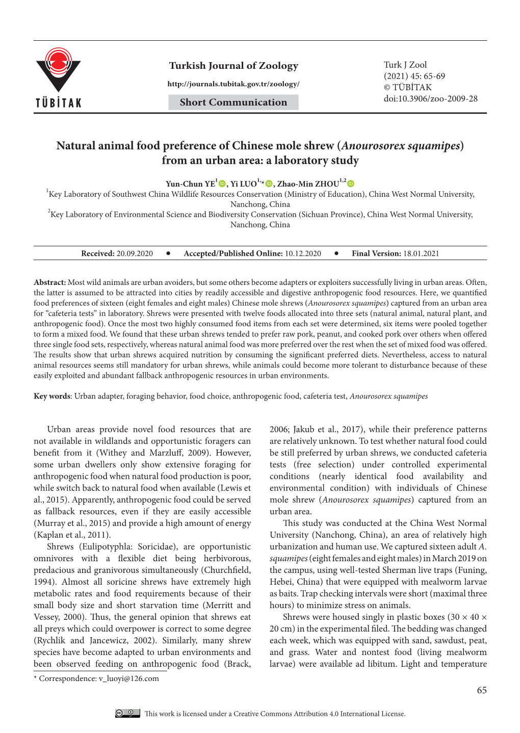 Natural Animal Food Preference of Chinese Mole Shrew (Anourosorex Squamipes ) from an Urban Area: a Laboratory Study